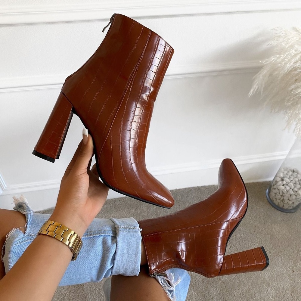 Valencia Tan Faux Croc Heels.